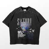 The Gojo Satoru Jujutsu Kaisen Shirt features a black design of a white-haired, blue-eyed anime character with "SATORU," Japanese characters, birds, and abstract shapes. Perfect as Jujutsu Kaisen merch in any anime apparel collection.