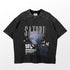 The Gojo Satoru Jujutsu Kaisen Shirt features a black design of a white-haired, blue-eyed anime character with "SATORU," Japanese characters, birds, and abstract shapes. Perfect as Jujutsu Kaisen merch in any anime apparel collection.