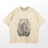 The Chainsaw Man Washed Vintage T-Shirt is crafted from 260 GSM high-quality cotton and features a flame-engulfed figure with chainsaw elements. "CHAINSAWMAN" is boldly printed above, capturing the vintage anime vibe with its casual, slightly worn look and relaxed fit sleeves—ideal for fans.