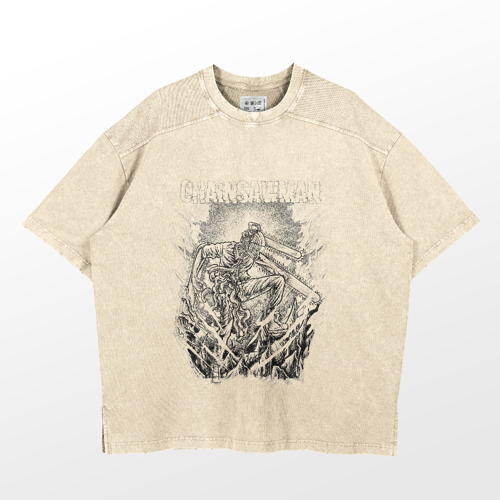 The Chainsaw Man Washed Vintage T-Shirt is crafted from 260 GSM high-quality cotton and features a flame-engulfed figure with chainsaw elements. "CHAINSAWMAN" is boldly printed above, capturing the vintage anime vibe with its casual, slightly worn look and relaxed fit sleeves—ideal for fans.