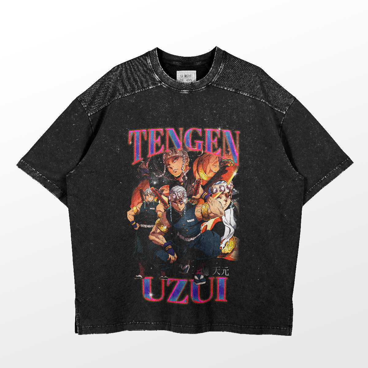 The Demon Slayer Tengen Uzui Sound Hashira T-Shirt showcases a black design with colorful anime characters and "Tengen Uzui, Sound Hashira" text. It features a textured upper part and speckled fabric elsewhere, truly capturing the anime&