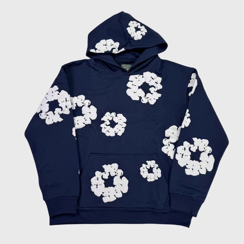 Navy “Cotton Wreath” Denim Tears Hoodie – White Floral Print