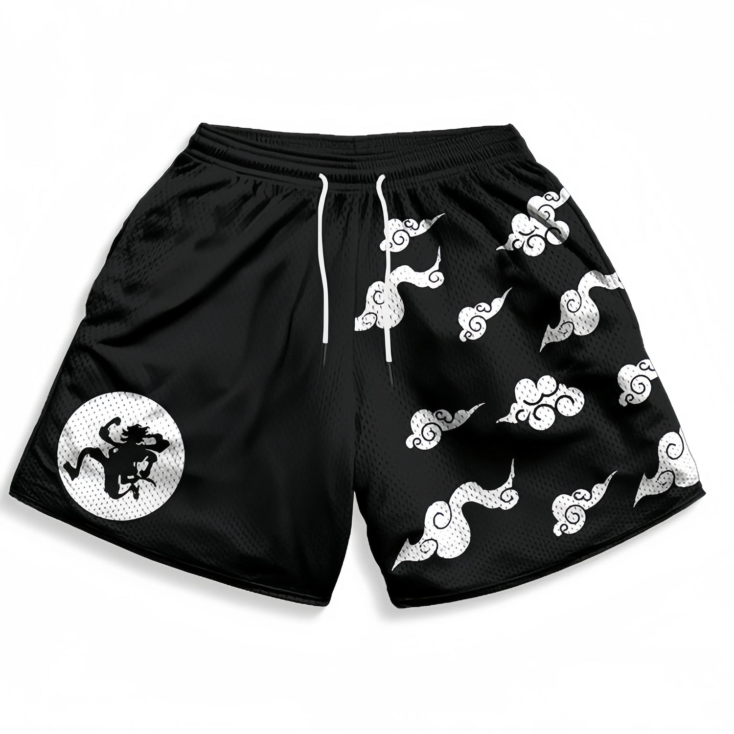 Black athletic shorts from Seakoff with Wano Country smoke pattern in black and white, featuring a dragon silhouette, white cloud designs, and a white drawstring for perfect adjustment.
