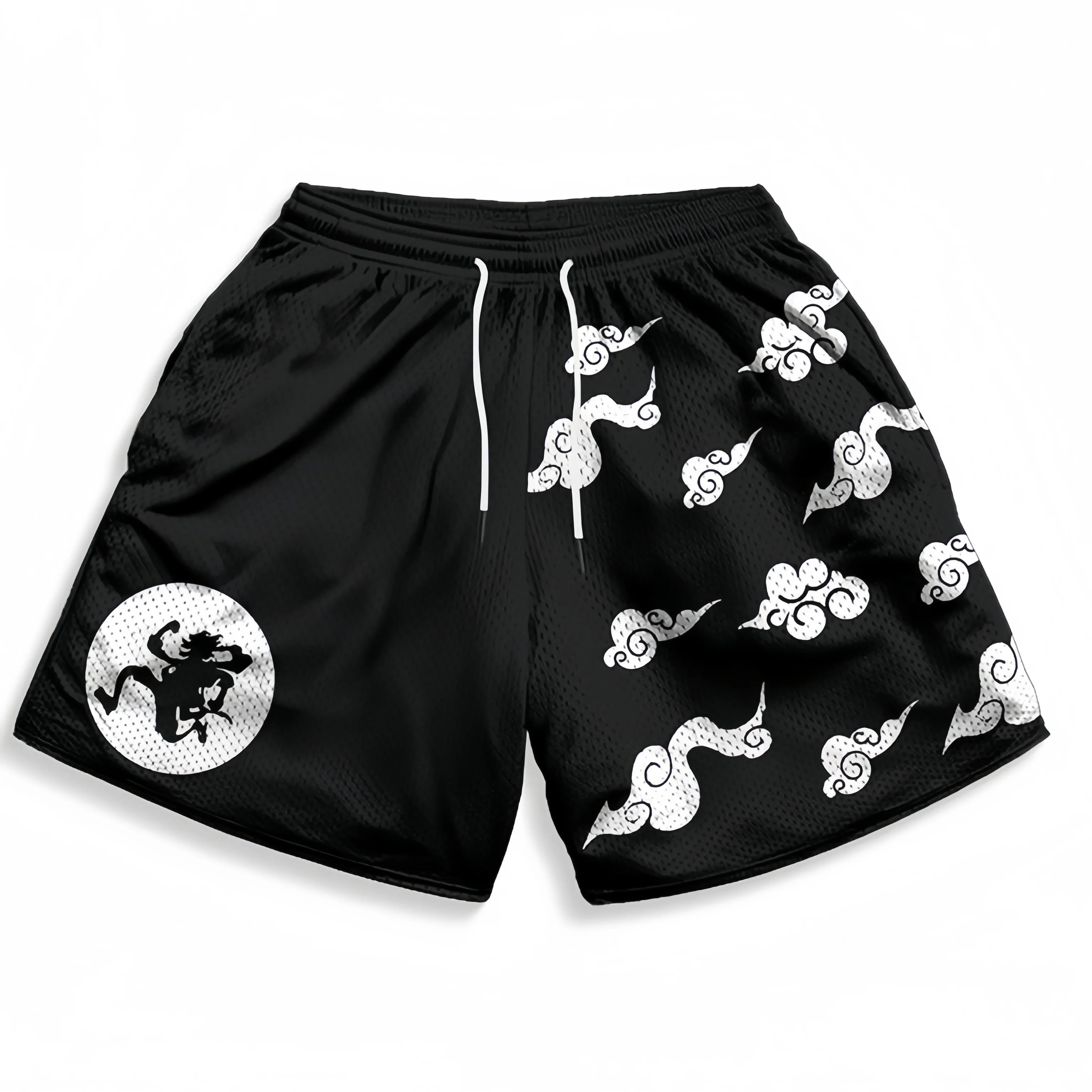 Black athletic shorts from Seakoff with Wano Country smoke pattern in black and white, featuring a dragon silhouette, white cloud designs, and a white drawstring for perfect adjustment.