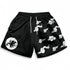 Black athletic shorts from Seakoff with Wano Country smoke pattern in black and white, featuring a dragon silhouette, white cloud designs, and a white drawstring for perfect adjustment.