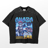 The Akaza Upper Moon Three T-Shirt by Demon Slayer features a vibrant design of two animated characters, with "AKAZA," "WEAKLINGS MAKEMESICK," and Japanese text. It has a textured shoulder pattern and a faded look, perfect for any fan.