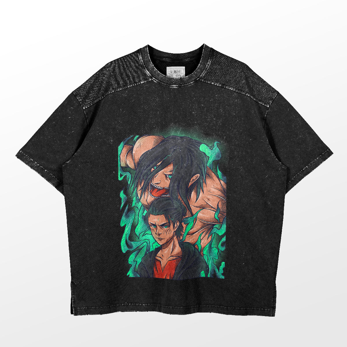The Eren Yeager Dual Form Attack on Titan T-Shirt features an intense anime design with two characters on a black short-sleeve. One is larger and muscular with dark hair, while the other is smaller and serious, set against a vibrant green background. Brand: Attack on Titan.