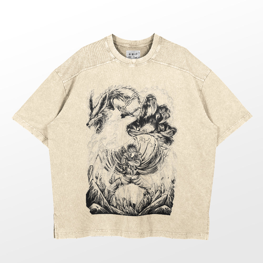 The Naruto Nine-Tails & Minato Washed Vintage T-Shirt in beige features abstract illustrations of Minato Namikaze with wolves, mushrooms, and foliage. It has a round neckline, short sleeves, and dark ink artwork on the front. Made from 260 GSM high-quality cotton by Naruto.