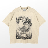 The Naruto Nine-Tails & Minato Washed Vintage T-Shirt in beige features abstract illustrations of Minato Namikaze with wolves, mushrooms, and foliage. It has a round neckline, short sleeves, and dark ink artwork on the front. Made from 260 GSM high-quality cotton by Naruto.