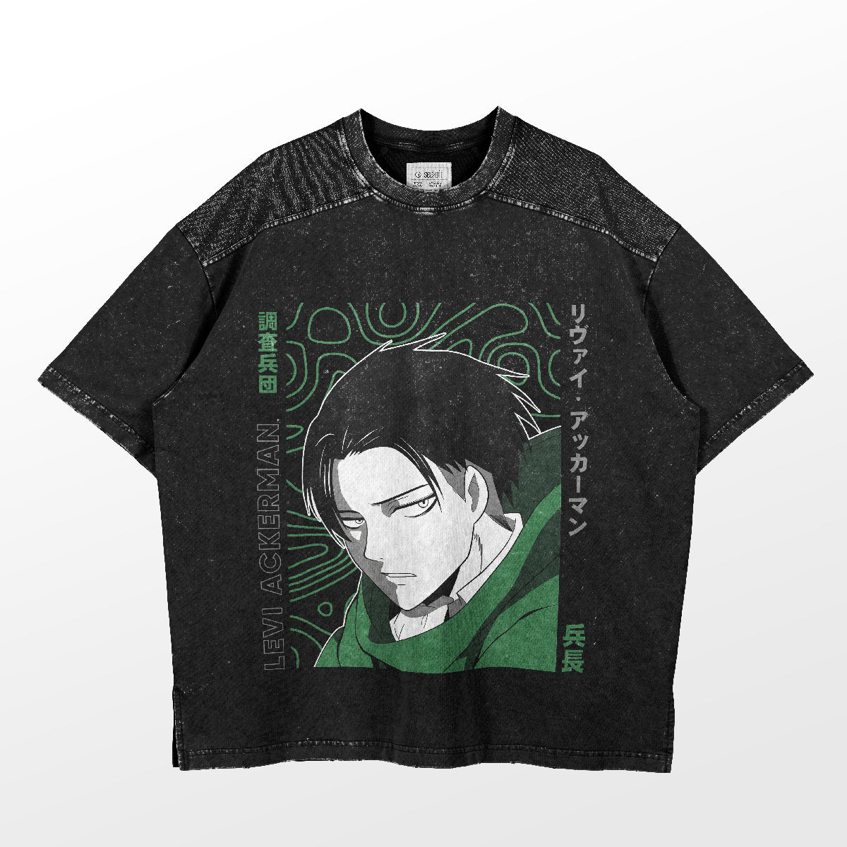The Levi Ackerman Green Cloak Attack on Titan T-Shirt by Attack on Titan is a black tee featuring an anime character with dark hair in a green cloak, Japanese text, and "Levi Ackerman." It&