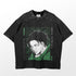 The Levi Ackerman Green Cloak Attack on Titan T-Shirt by Attack on Titan is a black tee featuring an anime character with dark hair in a green cloak, Japanese text, and "Levi Ackerman." It&