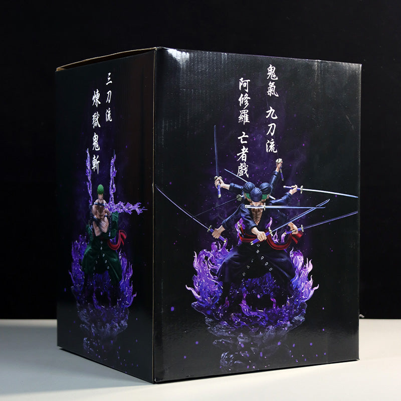 Zoro Santoryu動作小雕像 - 40厘米,帶有三把劍和動態火焰效果,限量版 - 一件可收集的