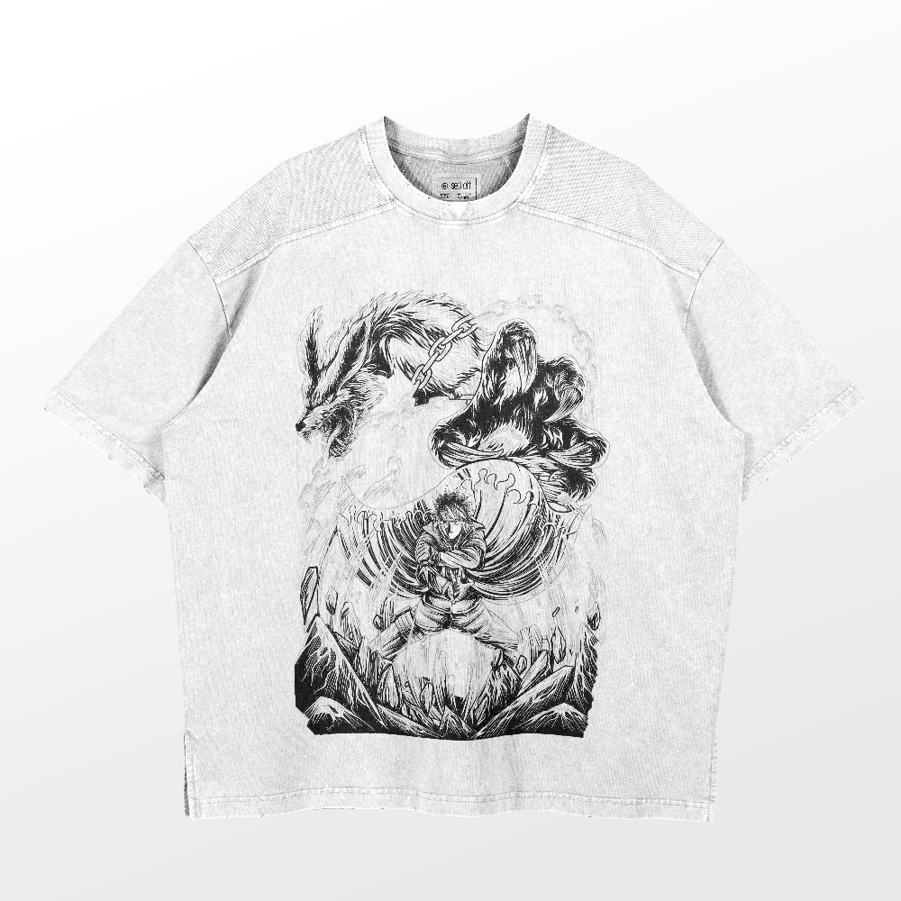 The Naruto Nine-Tails & Minato Washed Vintage T-Shirt is light gray and features a detailed black graphic of a wolf, mushrooms, and abstract floral elements. Made from 260 GSM high-quality cotton, it has short sleeves and a round neckline for an anime streetwear look.