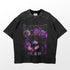 The Gojo Satoru Purple Aura Jujutsu Kaisen T-Shirt by Jujutsu Kaisen features an oversized black design with anime characters, "Satoru" in large print, textured shoulder panels, a speckled pattern, and purple accents reflecting Gojo Satoru&