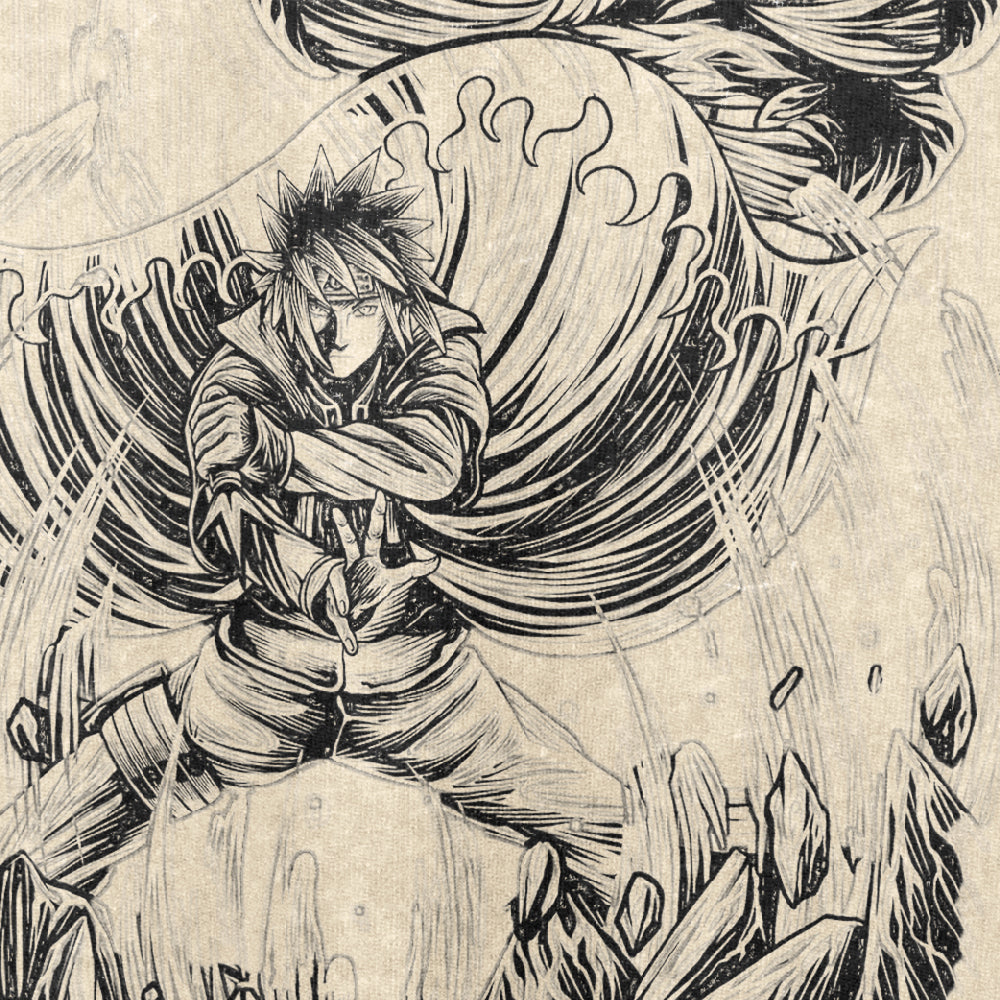 The Naruto Nine-Tails & Minato Washed Vintage T-Shirt features a black-and-white anime-style design of a dynamic character with spiky hair and a headband, capturing the energy and intensity of Minato Namikaze, with swirling energy and debris showcasing the legendary ninja&