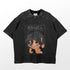 The Annie Leonhart Female Titan T-Shirt – Attack on Titan, by the brand Attack on Titan, showcases a cartoon-styled muscular Female Titan with sharp teeth and wild hair against a textured backdrop featuring Japanese text. It sports a washed-out, vintage appearance.