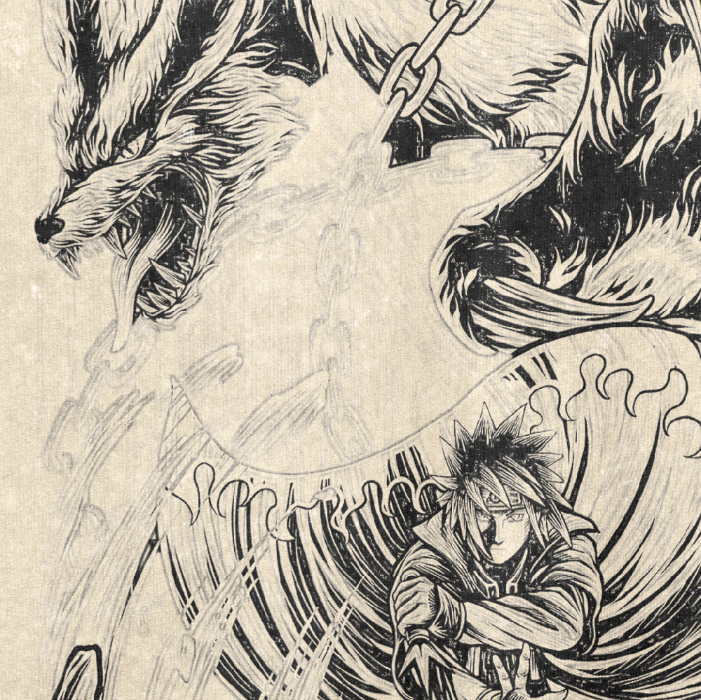 The Naruto Nine-Tails & Minato Washed Vintage T-Shirt showcases a dynamic black-and-white illustration with a fierce, chained Nine-Tails in the top left and a spell-casting character below on textured background, enhancing its dramatic atmosphere. Made from 260 GSM high-quality cotton anime streetwear.