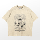 A Chainsaw Man Denji & Devils Washed Vintage T-Shirt in beige, has detailed black ink graphics of anime characters and devil designs. It features a relaxed fit and ribbed neckline, crafted from 260 GSM high-quality cotton for vintage anime streetwear vibes.