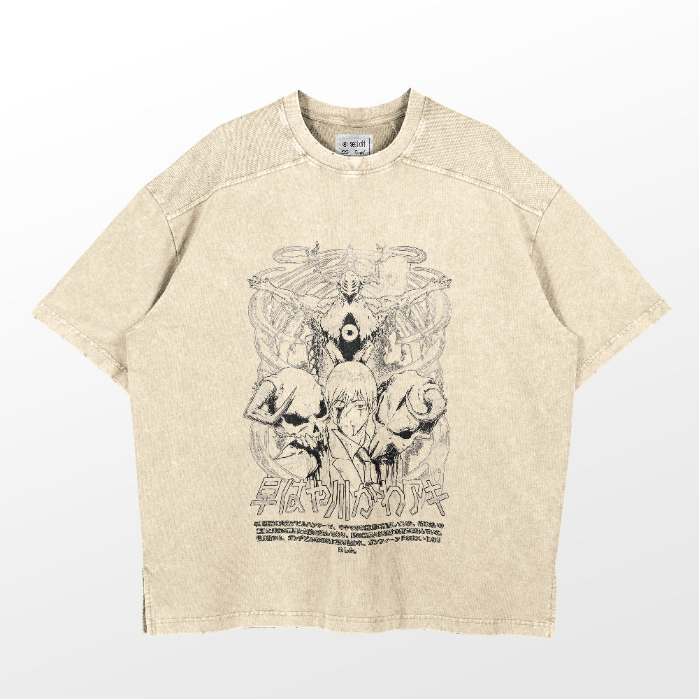 A Chainsaw Man Denji & Devils Washed Vintage T-Shirt in beige, has detailed black ink graphics of anime characters and devil designs. It features a relaxed fit and ribbed neckline, crafted from 260 GSM high-quality cotton for vintage anime streetwear vibes.
