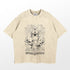 A Chainsaw Man Denji & Devils Washed Vintage T-Shirt in beige, has detailed black ink graphics of anime characters and devil designs. It features a relaxed fit and ribbed neckline, crafted from 260 GSM high-quality cotton for vintage anime streetwear vibes.