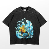 The Zenitsu Agatsuma Thunder Breathing T-Shirt by Demon Slayer features a dynamic graphic of Zenitsu encircled by blue and white flames in an action pose with his yellow cape. The design is enhanced with distressed detailing, and it includes a grey label inside the collar.