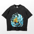 The Zenitsu Agatsuma Thunder Breathing T-Shirt by Demon Slayer features a dynamic graphic of Zenitsu encircled by blue and white flames in an action pose with his yellow cape. The design is enhanced with distressed detailing, and it includes a grey label inside the collar.