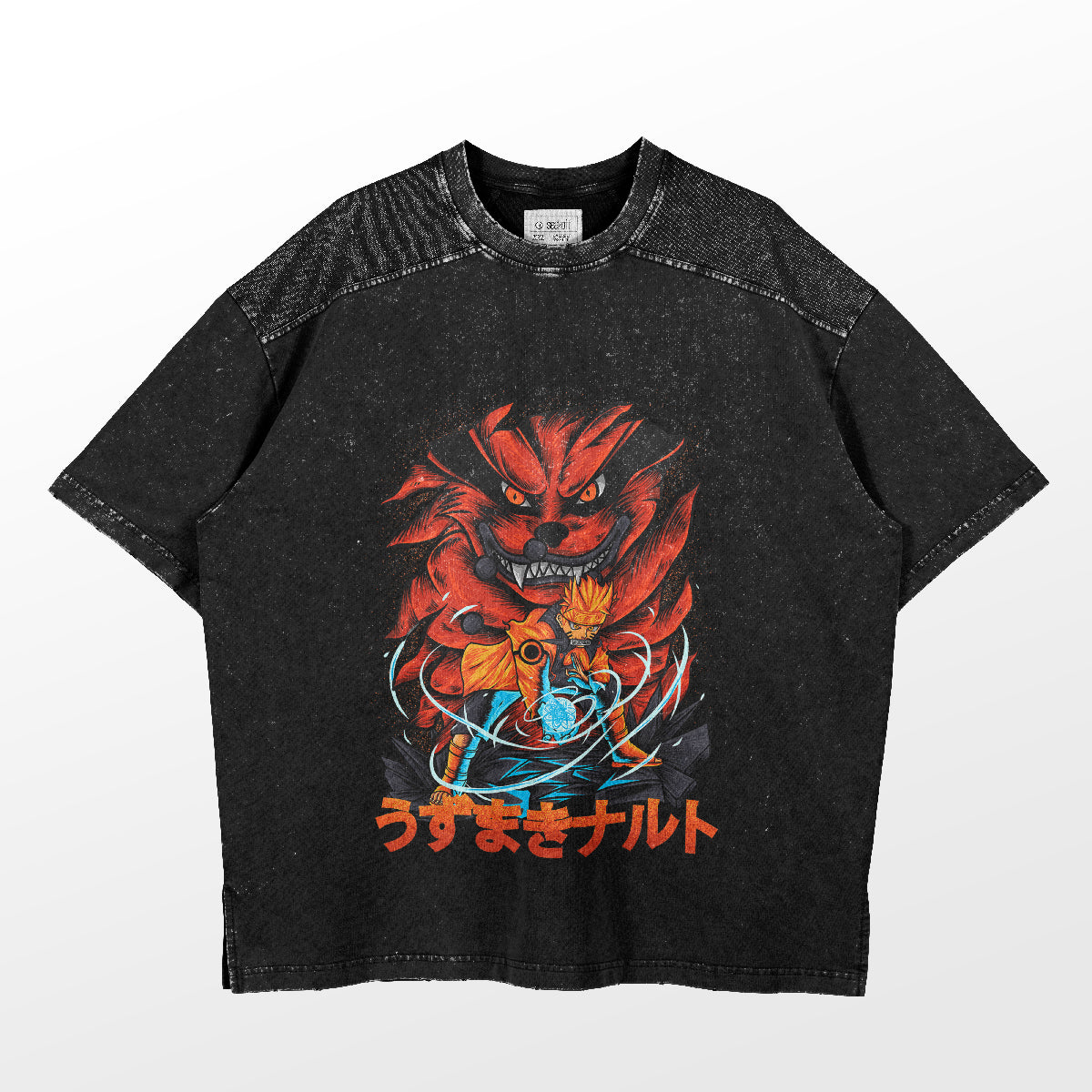 The Naruto and Kurama T-shirt by Naruto features a spiky red-haired character holding a glowing orb in the Dynamic Rasengan Design. Japanese text on the speckled short-sleeve captures an animated essence.