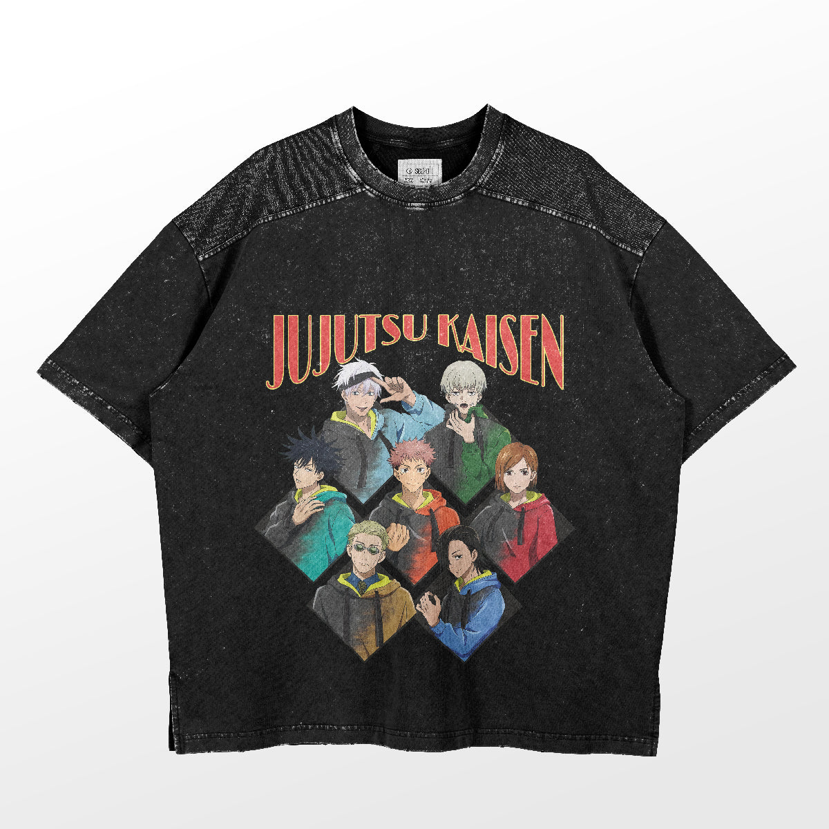 The Seakoff Jujutsu Kaisen Group T-Shirt in black presents a grid pattern with Yuji, Nobara, Megumi, Gojo, Panda, Maki, and Toge. The distressed style and bold series title cater to anime fans seeking vintage merch.