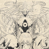 The Chainsaw Man Denji & Devils Washed Vintage T-Shirt features a large skeletal-winged humanoid with a chest eye, reminiscent of Denji devil designs. It looms over a person with medium-length hair and a bleeding eye, set against swirling shapes that evoke vintage anime streetwear aesthetics.