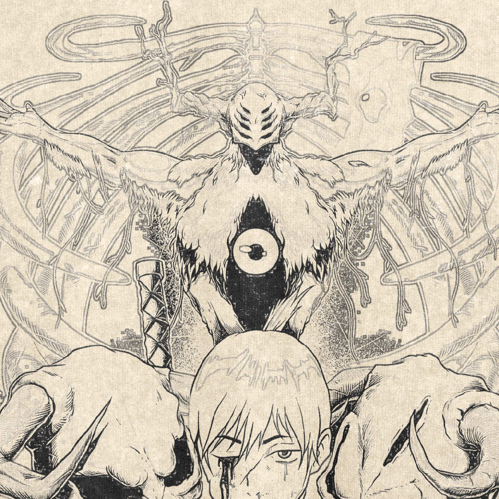 The Chainsaw Man Denji & Devils Washed Vintage T-Shirt features a large skeletal-winged humanoid with a chest eye, reminiscent of Denji devil designs. It looms over a person with medium-length hair and a bleeding eye, set against swirling shapes that evoke vintage anime streetwear aesthetics.