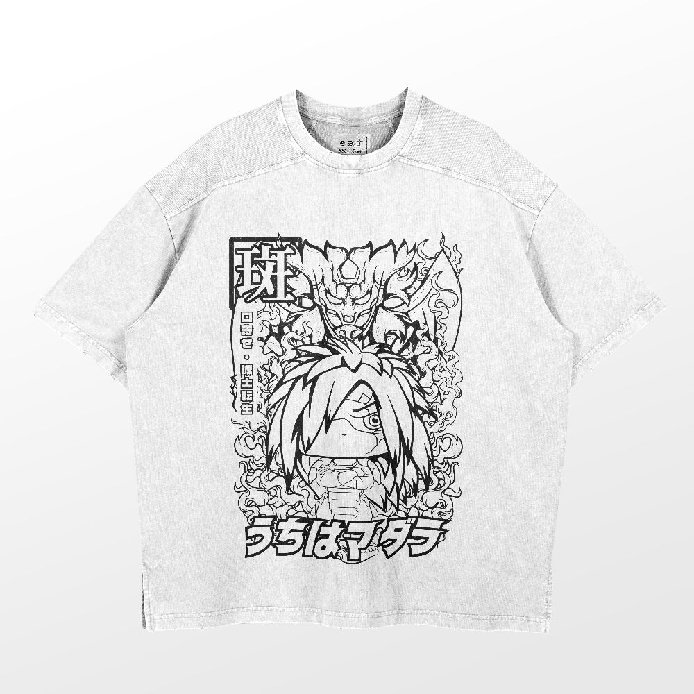 The Naruto Madara Uchiha & Susanoo Chibi Washed Vintage T-Shirt is a gray, high-quality 260 GSM cotton streetwear featuring an anime character with long hair and a dragon. It includes Japanese text and offers a casual, loose fit ideal for any fan.