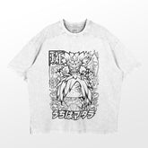 The Naruto Madara Uchiha & Susanoo Chibi Washed Vintage T-Shirt is a gray, high-quality 260 GSM cotton streetwear featuring an anime character with long hair and a dragon. It includes Japanese text and offers a casual, loose fit ideal for any fan.