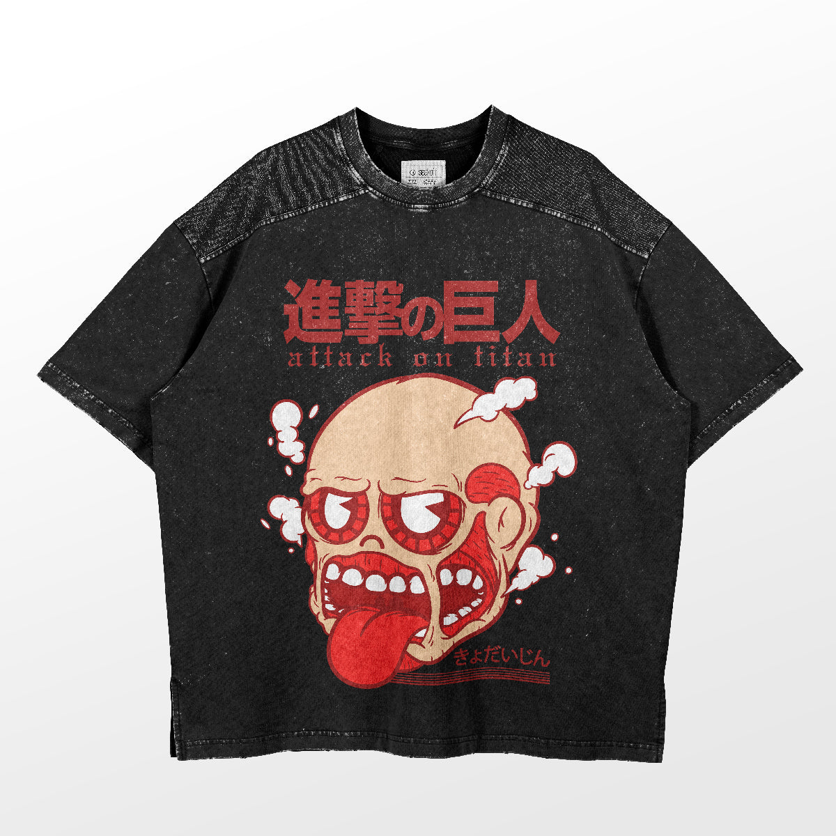 This Attack on Titan T-shirt features a humorous Colossal Titan face with steam and red Japanese text, making it an essential for any fan.