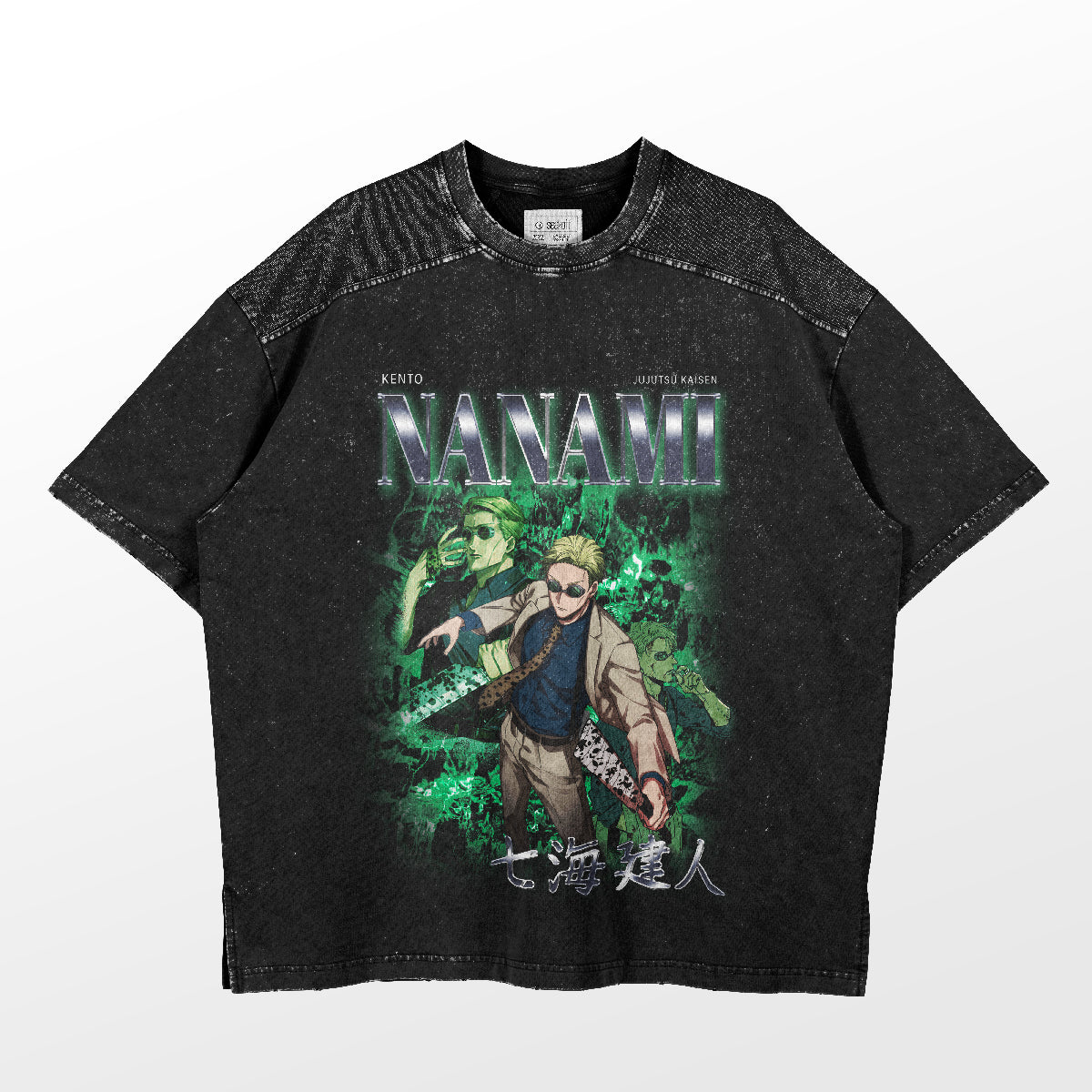 A black graphic T-shirt from Jujutsu Kaisen features a dynamic anime design with two characters and green lighting. It displays "Nanami" and Japanese text, with speckled shoulders completing this high-quality Kento Nanami tee.