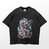 The Naruto Jiraiya Rasengan T-Shirt, by Naruto, is a premium anime apparel featuring a textured, black short-sleeve with a colorful abstract cartoon duck inspired by Jiraiya. It showcases a duck-like figure in sunglasses amidst swirling blue and red patterns.