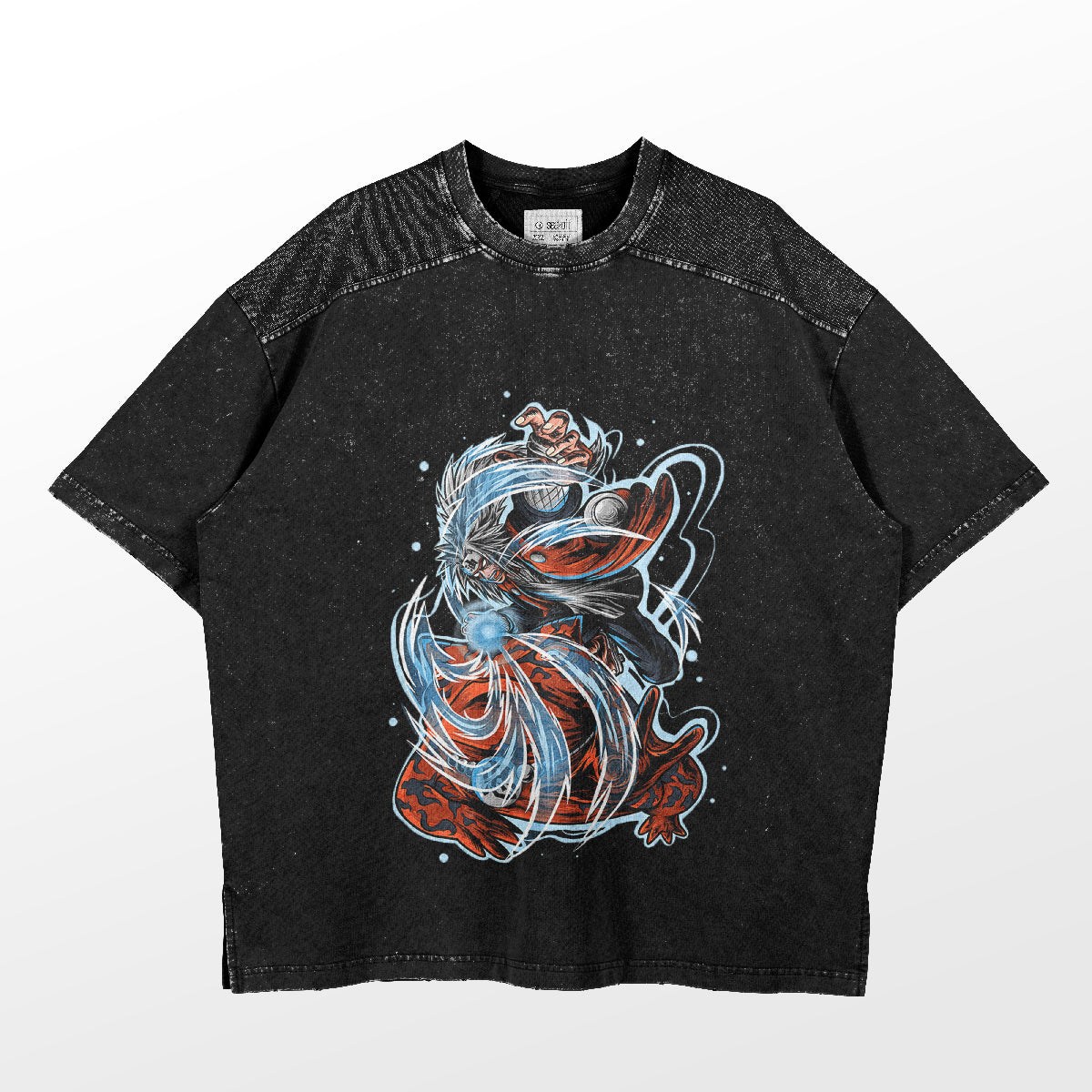 The Naruto Jiraiya Rasengan T-Shirt, by Naruto, is a premium anime apparel featuring a textured, black short-sleeve with a colorful abstract cartoon duck inspired by Jiraiya. It showcases a duck-like figure in sunglasses amidst swirling blue and red patterns.