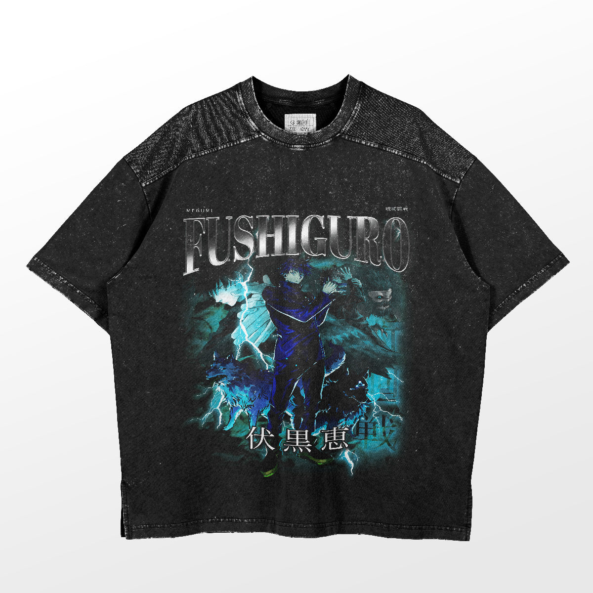 This Jujutsu Kaisen Megumi Fushiguro Summoning T-Shirt features a vibrant graphic with "Fushiguro" at the top and mystical elements, Asian script, and a worn, textured appearance. Inspired by the anime series and crafted by Jujutsu Kaisen, it&