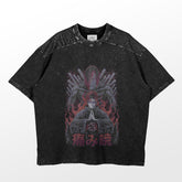 Discover the Naruto Pain Akatsuki T-Shirt from Premium Anime Apparel, a must-have for anime fans. This black shirt features an anime-style illustration with red and gray tones. A character sits with a dynamic hand gesture while another has piercing red eyes, complemented by Japanese text.