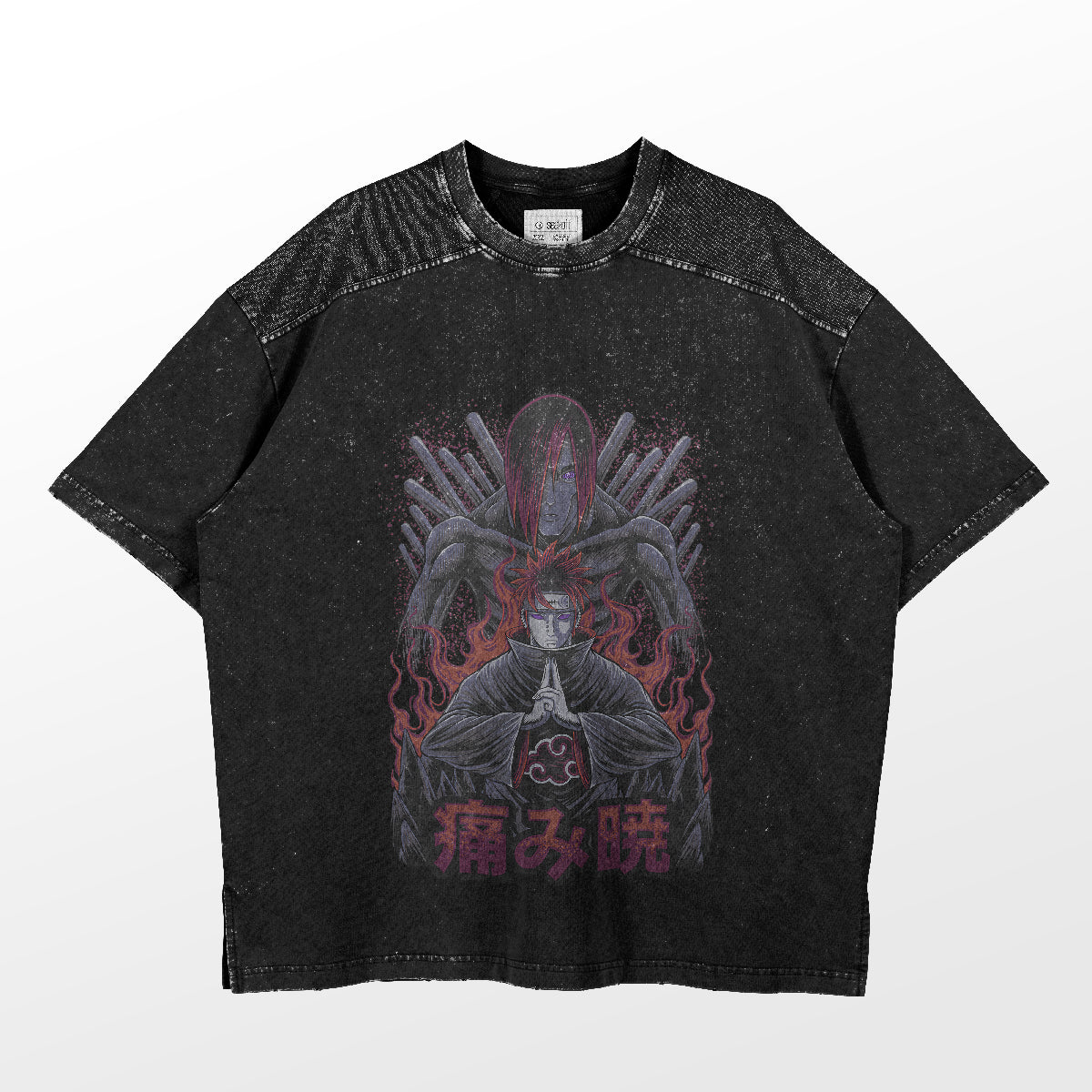 Discover the Naruto Pain Akatsuki T-Shirt from Premium Anime Apparel, a must-have for anime fans. This black shirt features an anime-style illustration with red and gray tones. A character sits with a dynamic hand gesture while another has piercing red eyes, complemented by Japanese text.