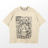 The Naruto Madara Uchiha & Susanoo Chibi Washed Vintage T-Shirt is a beige, high-quality 260 GSM cotton anime streetwear piece. It features a black outlined design of spiky-haired Madara Uchiha and a mythical creature, with bold Japanese text capturing the true chibi style essence.