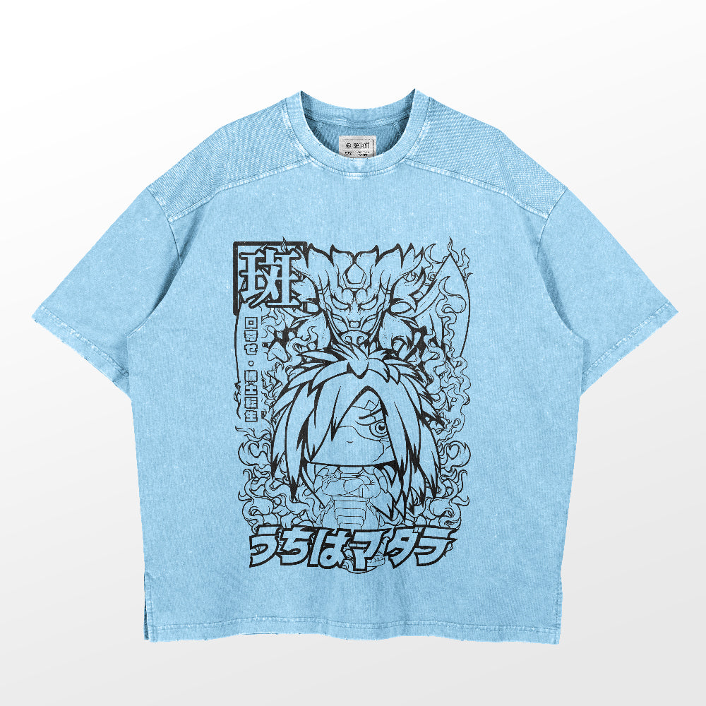 A light blue, high-quality 260 GSM Naruto T-shirt features Madara Uchiha & Susanoo in chibi style with stylized text and intricate details, including a dragon-like figure above the character&