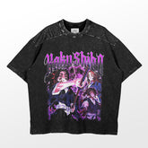 The Kokushibo Demon Power T-Shirt from Demon Slayer features anime characters with weapons, "Hokushin" in purple above them, and a slightly worn look. Ideal for conventions and reminiscent of other Demon Slayer merch.