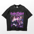 The Kokushibo Demon Power T-Shirt from Demon Slayer features anime characters with weapons, "Hokushin" in purple above them, and a slightly worn look. Ideal for conventions and reminiscent of other Demon Slayer merch.