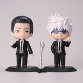 The Jujutsu Kaisen Gojo Satoru & Suguru Geto 10-Piece Action Figure Set features chibi-style figures in black suits with unique hairstyles. A silver microphone adds charm to this exquisite anime collectible duo, perfect for fans of the series.