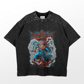 The Itadori Yuji Jujutsu Kaisen T-Shirt from Jujutsu Kaisen features a dynamic pose amidst intricate designs and smoke-like elements against a textured backdrop, known as the Temple Guardian Design.