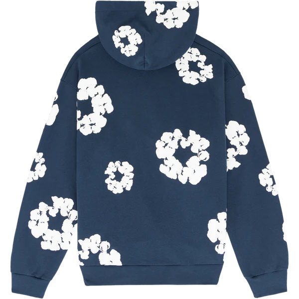 Navy “Cotton Wreath” Denim Tears Hoodie – White Floral Print Streetwear Pullover