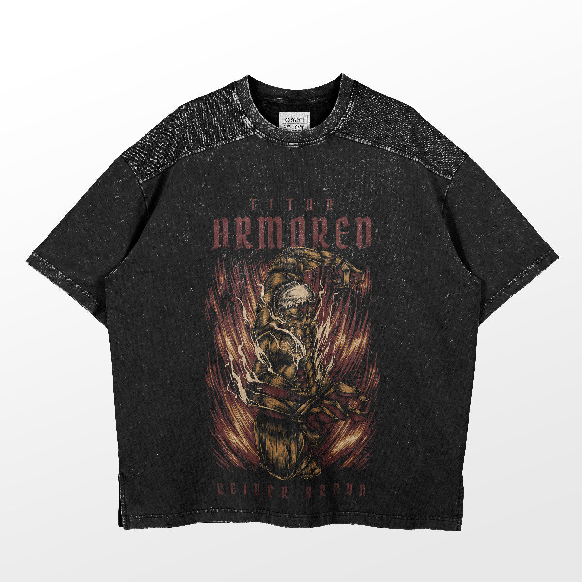 This Armored Titan Reiner Braun T-shirt by Attack on Titan features a detailed character illustration with bold red "Titan Armored" text and an abstract fiery background, completing the intense anime design with speckled texture.