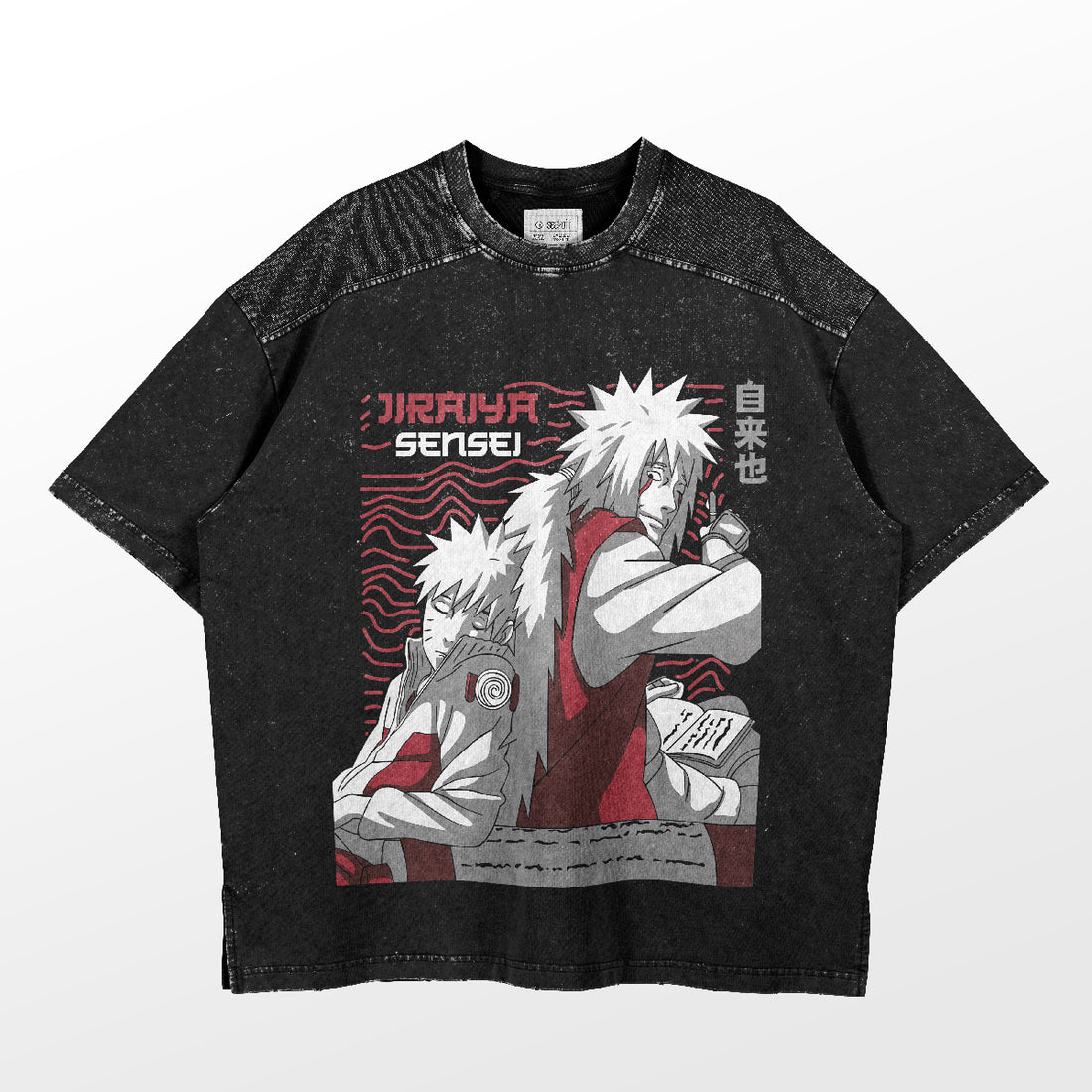 The Naruto Jiraiya Sensei T-Shirt by Naruto is a must-have for anime lovers, featuring spiky-haired characters and a scroll on a black design with red accents. It boldly reads "Jiraiya Sensei" alongside Japanese characters, perfect for any Naruto collection.