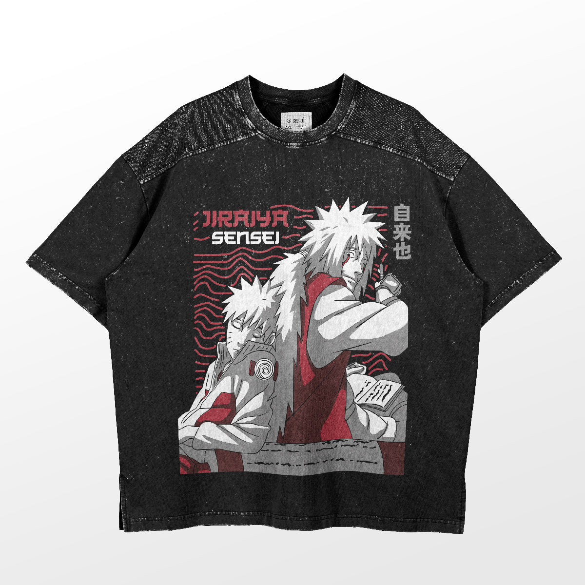 The Naruto Jiraiya Sensei T-Shirt by Naruto is a must-have for anime lovers, featuring spiky-haired characters and a scroll on a black design with red accents. It boldly reads "Jiraiya Sensei" alongside Japanese characters, perfect for any Naruto collection.