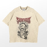 The Jujutsu Kaisen Sukuna Washed Vintage T-Shirt features a detailed graphic of Sukuna with tattooed face and wrapped arms, highlighted by bold red "SUICIDE" text. Made from 260 GSM high-quality cotton, this beige anime streetwear piece appeals to any fan with its distressed texture.